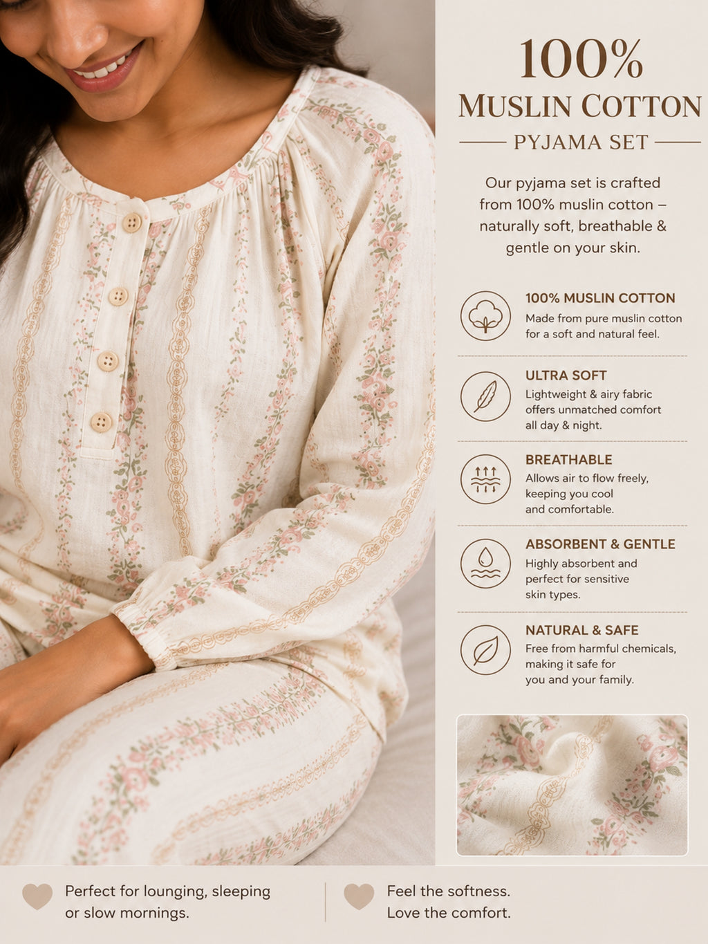 Women Night Suit Cotton Muslin Pyjama Set | Soft Printed Full Sleeve Sleepwear
