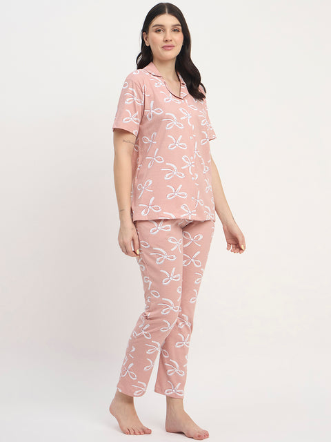 Women's Printed Nightsuit Pajama Set, Short Sleeve Button-Down Top with Pants, Cotton Nightwear, Beige
