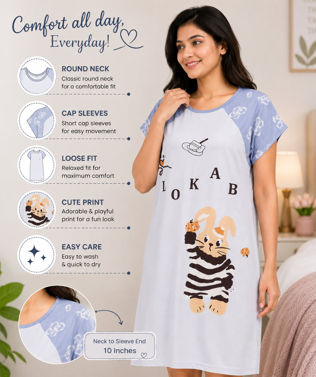 Women's Cute Cartoon Printed Knee Length Nighty | Soft Comfortable Loose Fit Short Sleeve Nighty for Women