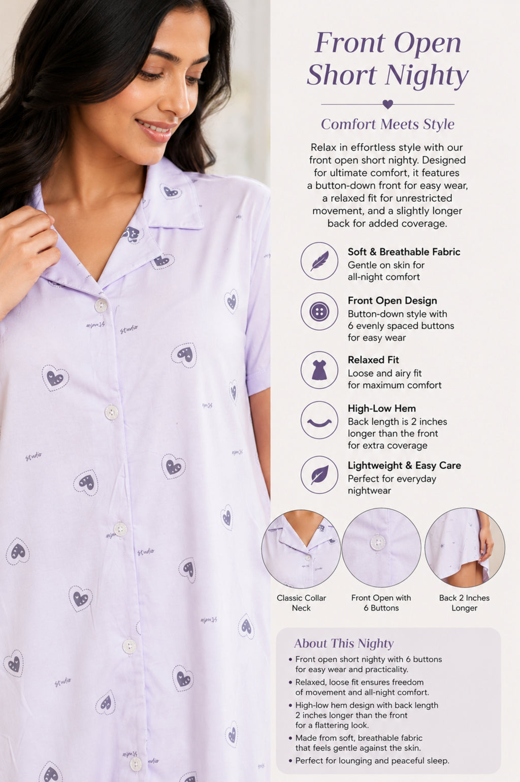 Women Front Open Short Nighty | Button Down Night Dress for Women | Comfortable Sleepwear | Loose Fit Short Nightwear | Soft Lounge Wear for Women | Everyday Night Dress