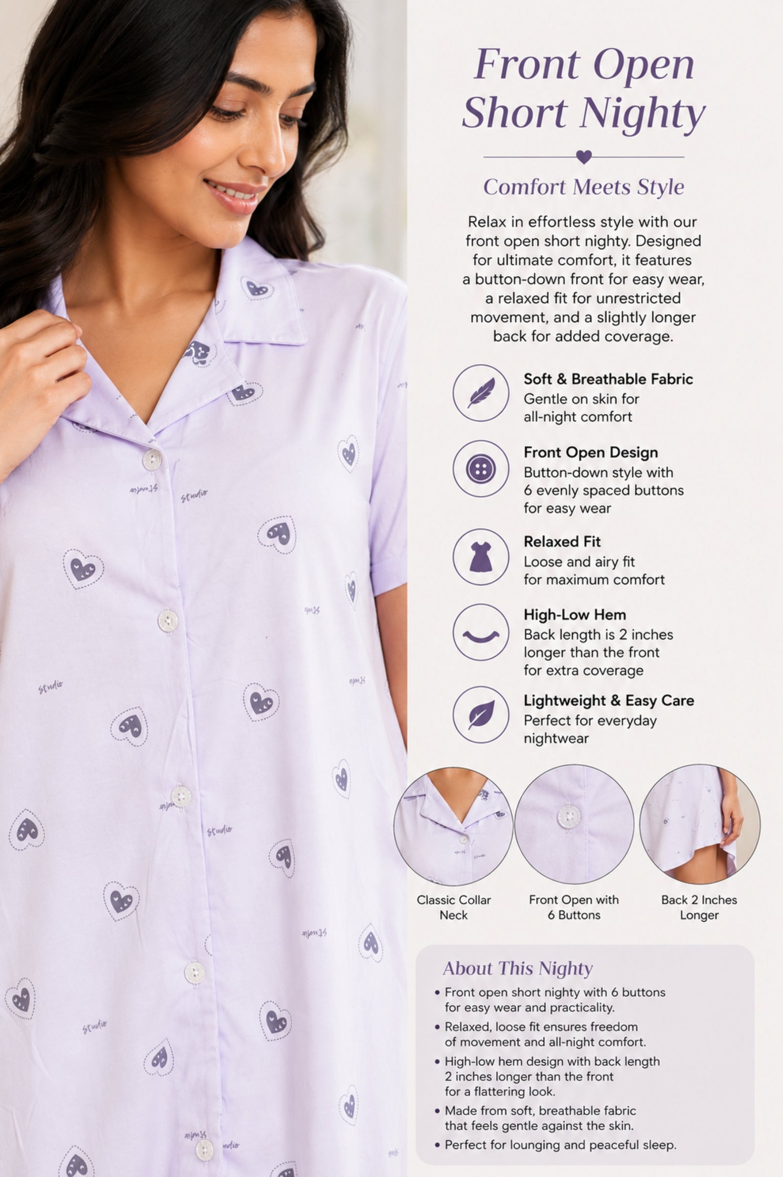 Women Front Open Short Nighty | Button Down Night Dress for Women | Comfortable Sleepwear | Loose Fit Short Nightwear | Soft Lounge Wear for Women | Everyday Night Dress