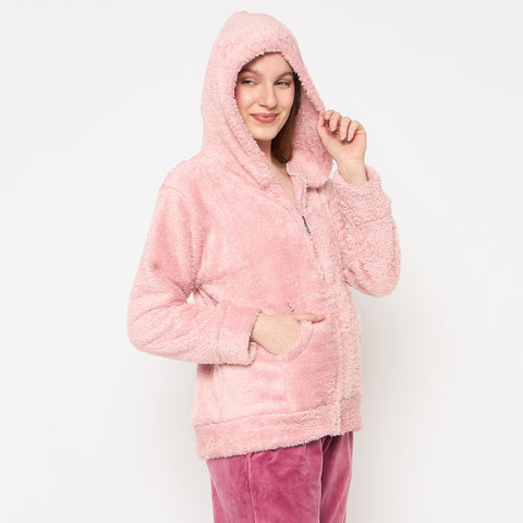 Women Solid Hooded Sherpa Fleece Sweatshirt
