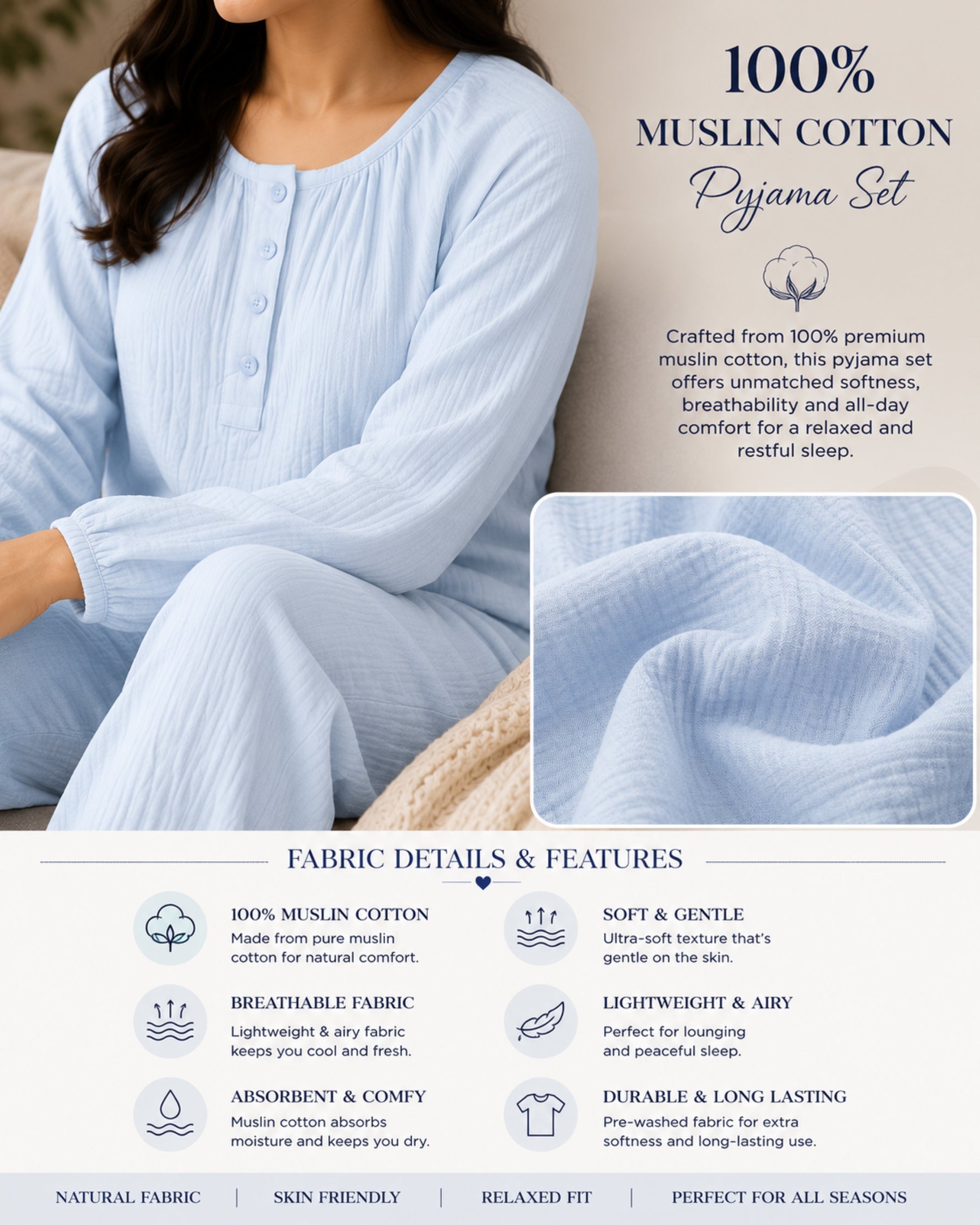 Women Night Suit Cotton Muslin Pyjama Set | Soft Printed Full Sleeve Sleepwear