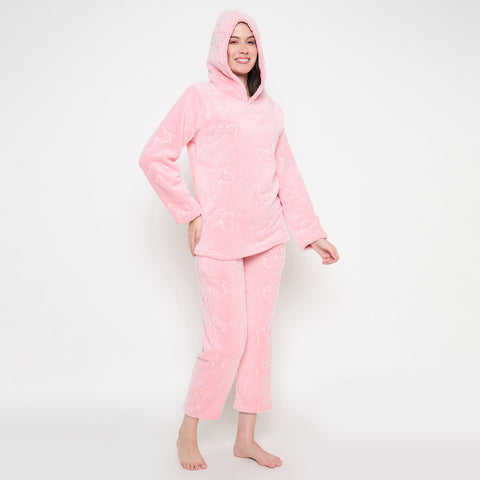 Women's Winter Glow in Dark Printed Full Sleeve Hooded Top, Pajama Pants with Pockets