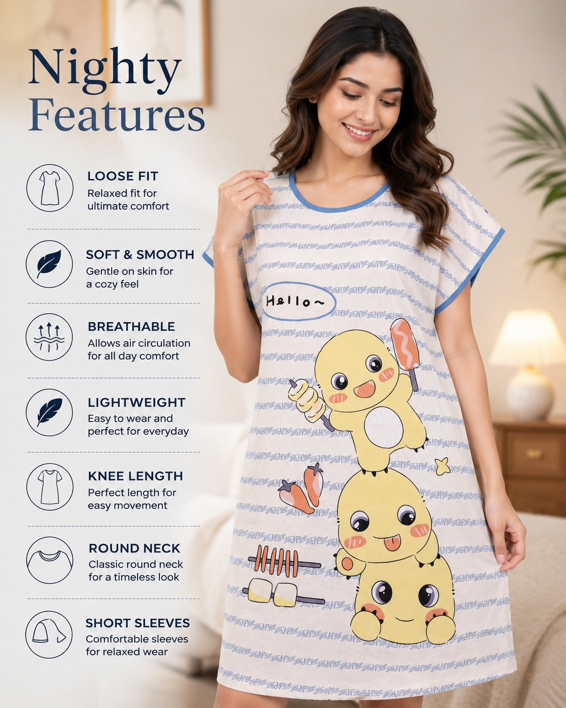 Women's Cute Cartoon Printed Knee Length Nighty | Soft Comfortable Loose Fit Short Sleeve Nighty for Women