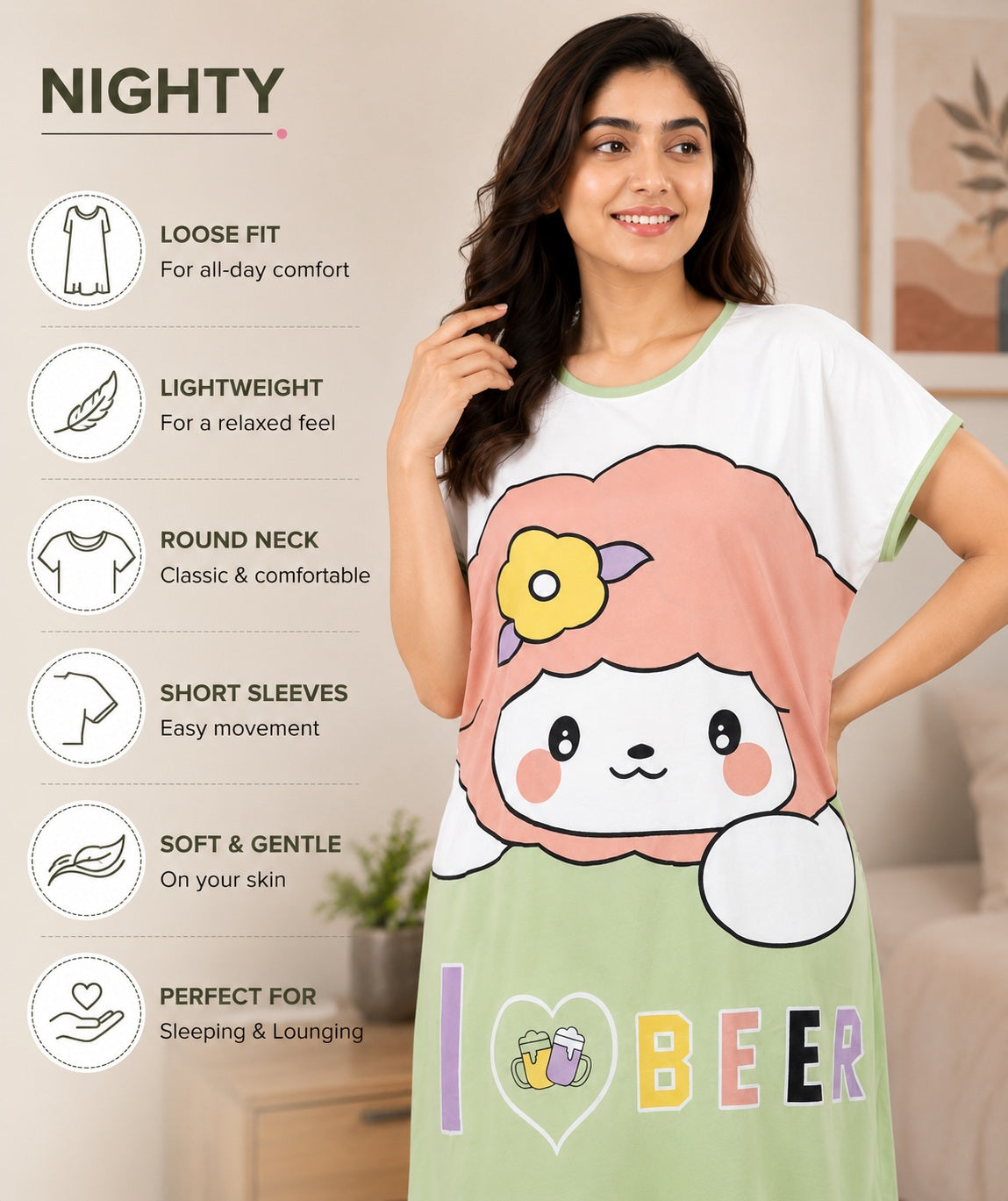 Women's Cute Cartoon Printed Knee Length Nighty | Soft Comfortable Loose Fit Short Sleeve Nighty for Women