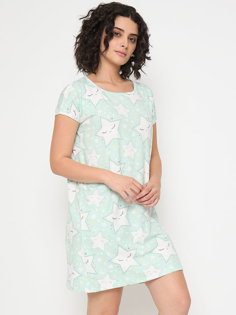 Women's Printed Nightgown, Short Sleeve Sleep Dress, Short Length, Short Nighty, White Green