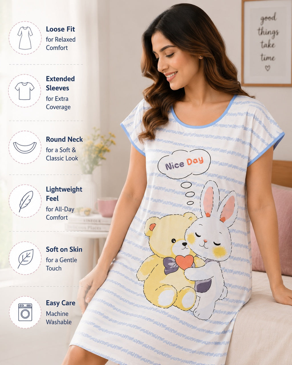 Women's Cute Cartoon Printed Knee Length Nighty | Soft Comfortable Loose Fit Short Sleeve Nighty for Women