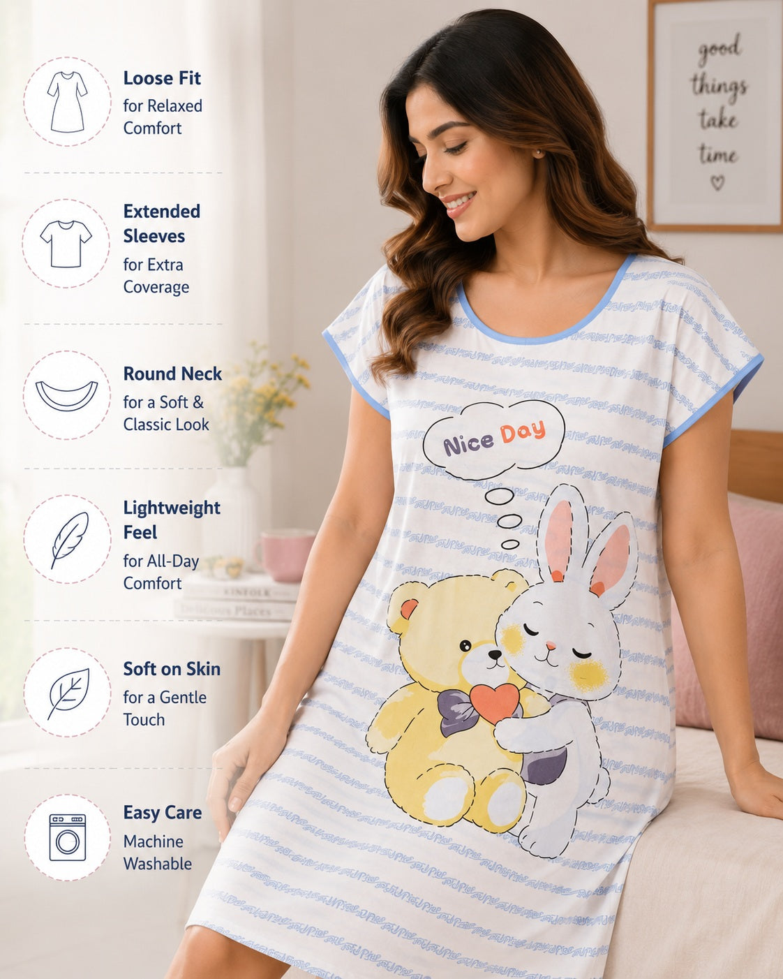 Women's Cute Cartoon Printed Knee Length Nighty | Soft Comfortable Loose Fit Short Sleeve Nighty for Women