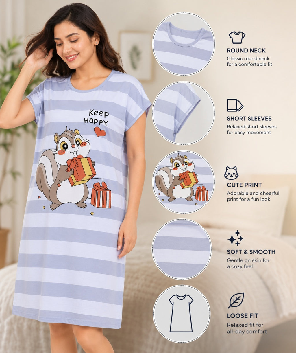 Women's Cute Cartoon Printed Knee Length Nighty | Soft Comfortable Loose Fit Short Sleeve Nighty for Women