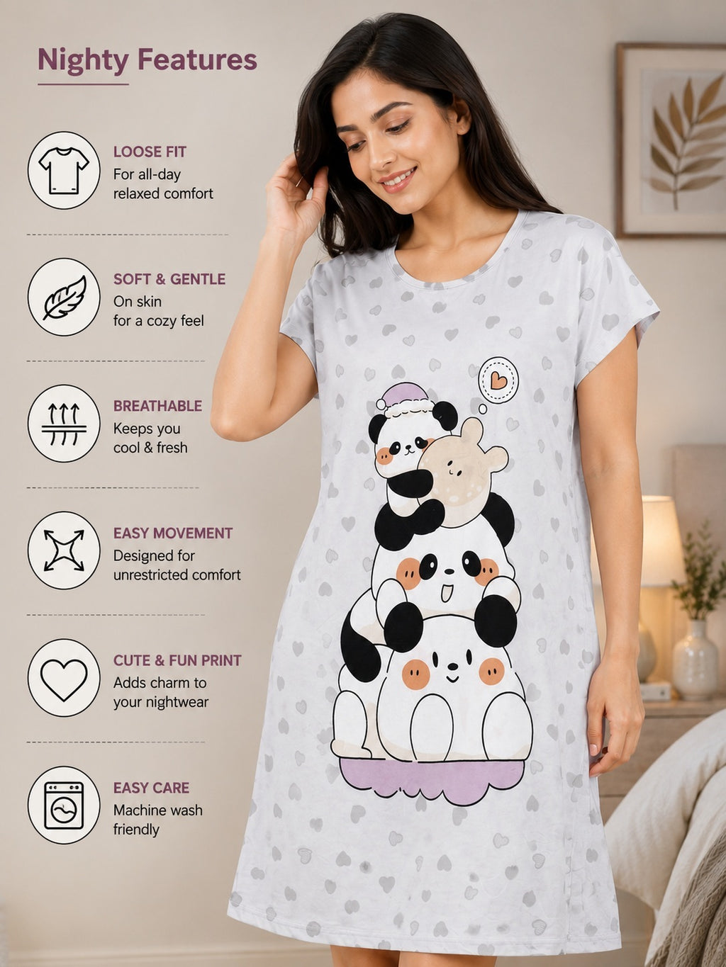 Women's Cute Cartoon Printed Knee Length Nighty | Soft Comfortable Loose Fit Short Sleeve Nighty for Women