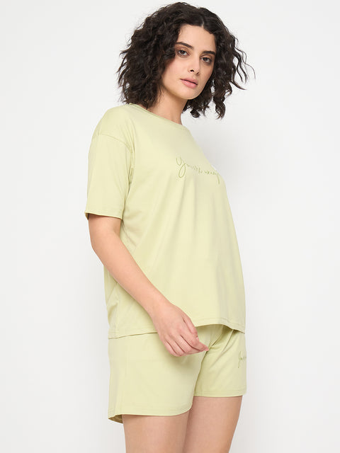 Women's Cotton Loungewear Set, Short Sleeve T-Shirt and Shorts, Light Green