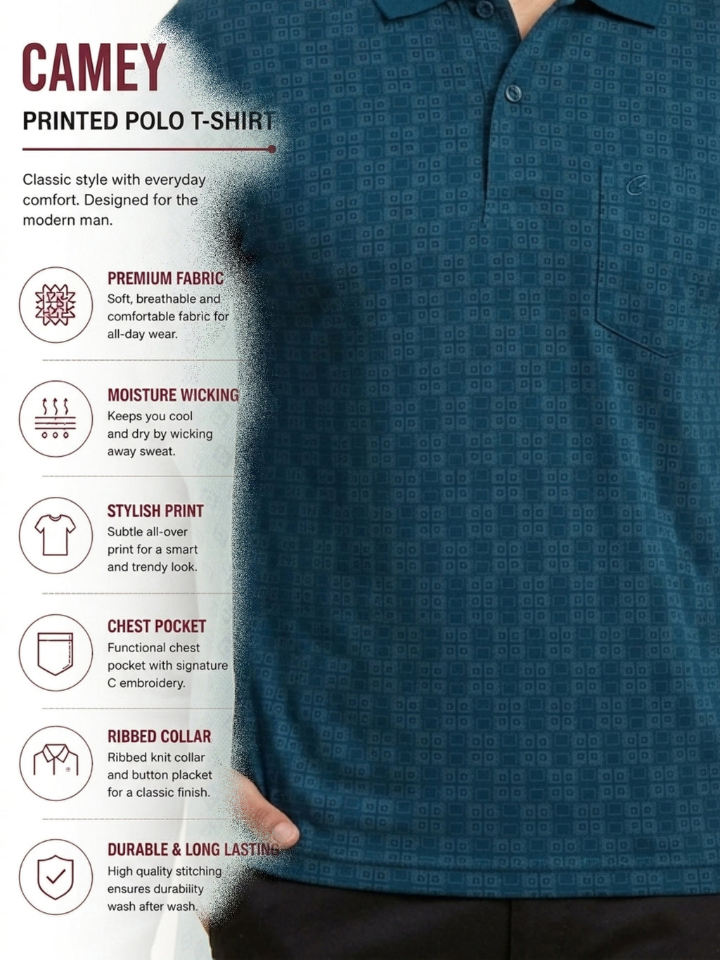 Camey Men's Printed Full Sleeve Polo T-Shirt For Men with Chest Pocket