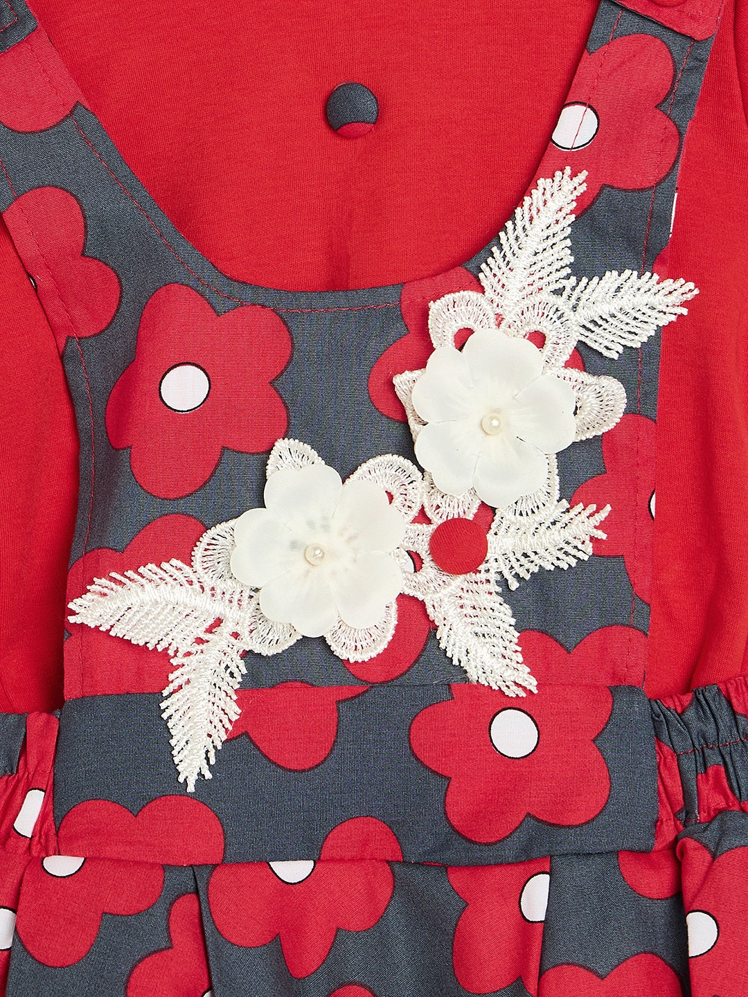 Girls' Floral Print Dress Set with Red T-Shirt and Grey Pinafore Skirt, Cotton