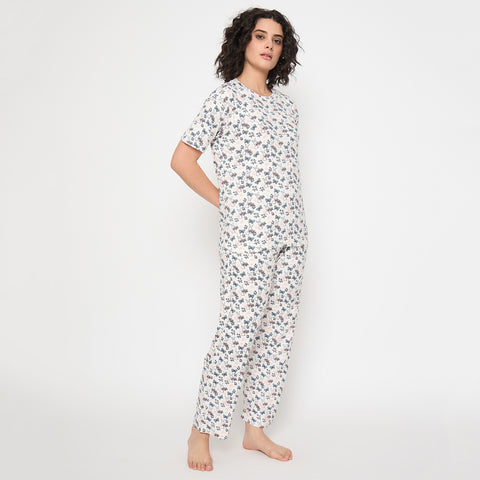 Camey Nightwear for Women – Comforting Cotton Suit Sets | Women's Printed Pyjama Set, White