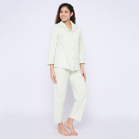 Women's Cotton Pajama Set, Long Sleeve Button-Down Shirt with Pants, Comfortable Sleepwear, Green