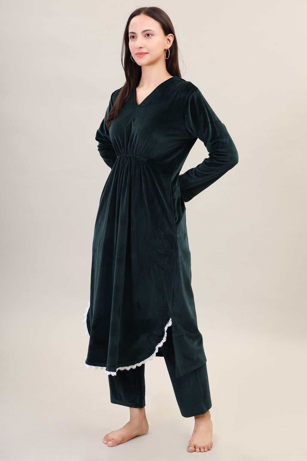 Women's Velvet Winter Corduroy Kurti Set, V-Neck, Long Sleeves (Green)