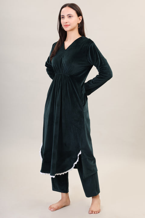 Women's Velvet Winter Corduroy Kurti Set, V-Neck, Long Sleeves (Green)