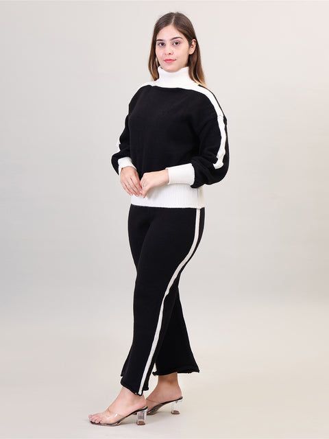 Women's Long Sleeve High Neck woolen Black Co-Ord Set
