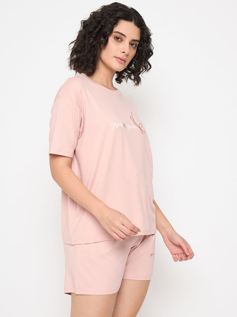 Women's Cotton Loungewear Set, Short Sleeve T-Shirt and Shorts, Pink