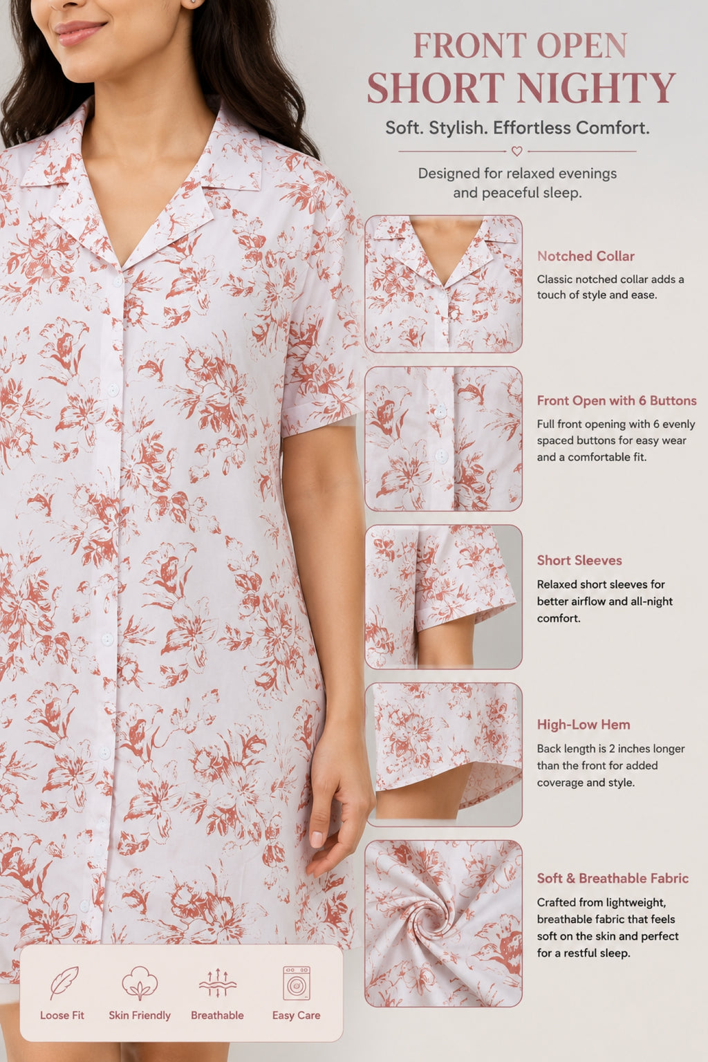Women Front Open Short Nighty | Button Down Night Dress for Women | Comfortable Sleepwear | Loose Fit Short Nightwear | Soft Lounge Wear for Women | Everyday Night Dress