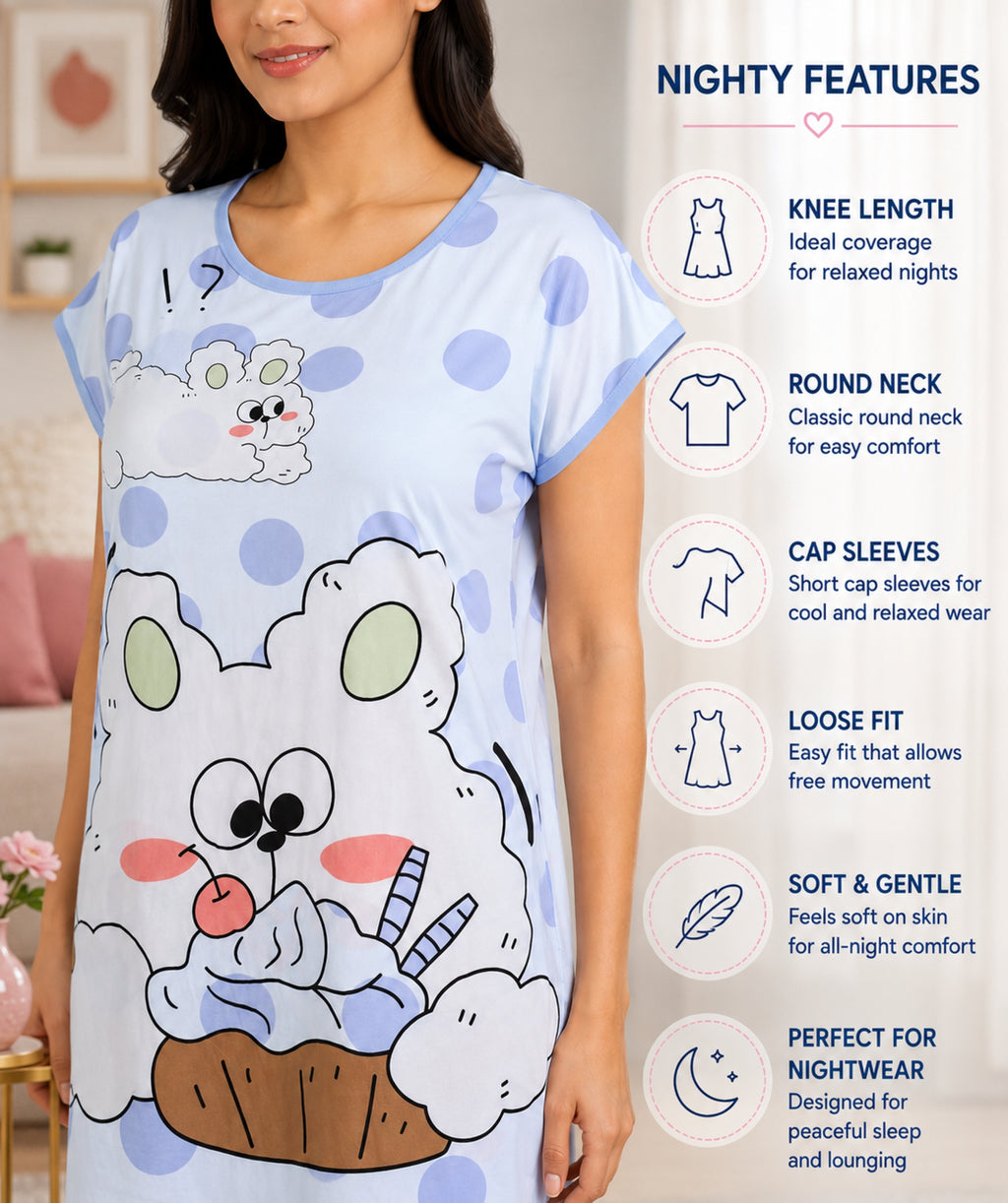 Women's Cute Cartoon Printed Knee Length Nighty | Soft Comfortable Loose Fit Short Sleeve Nighty for Women