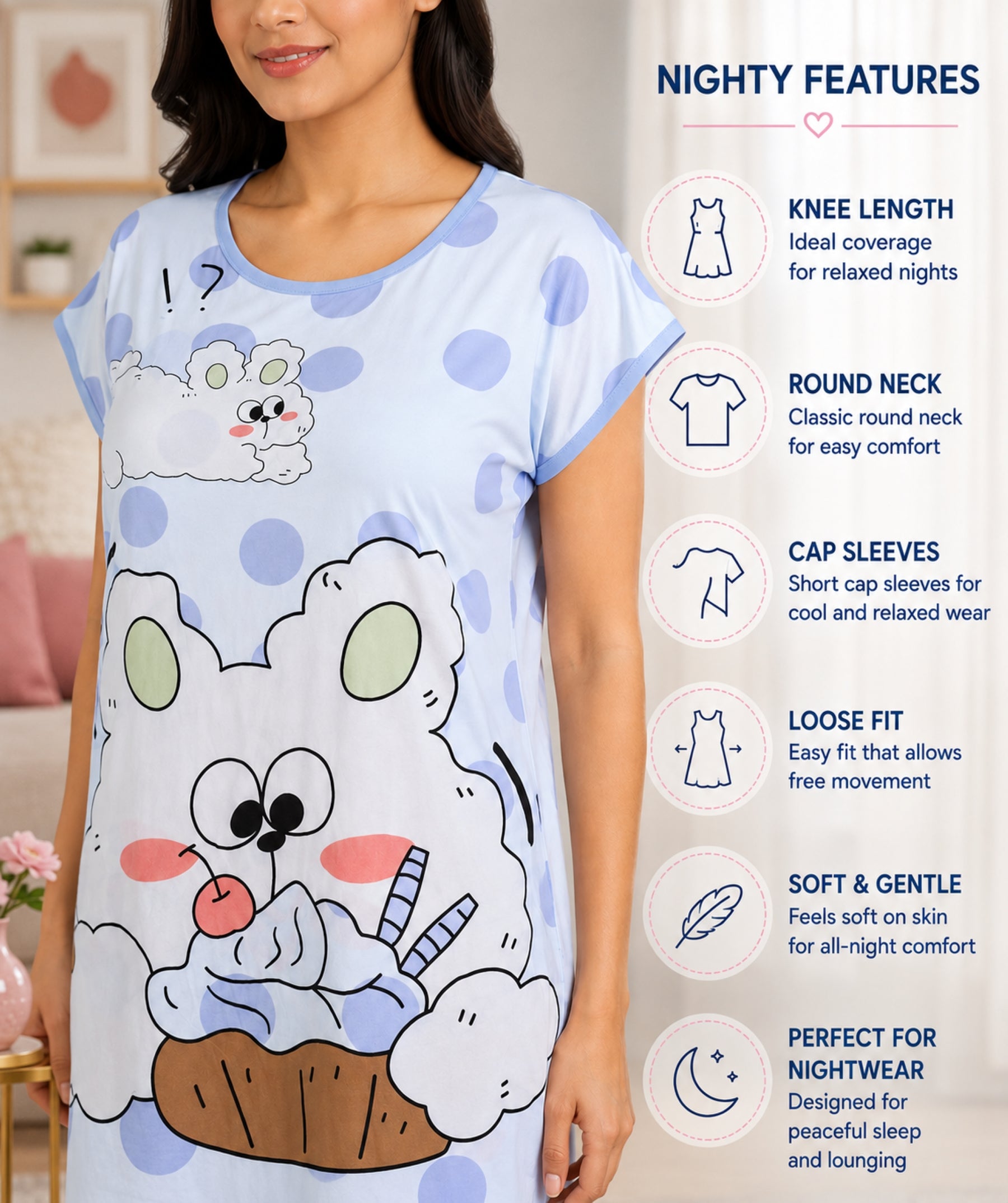 Women's Cute Cartoon Printed Knee Length Nighty | Soft Comfortable Loose Fit Short Sleeve Nighty for Women