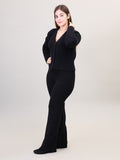 Women's Long Sleeve V-Neck Open Button woolen Black Co-Ord Set