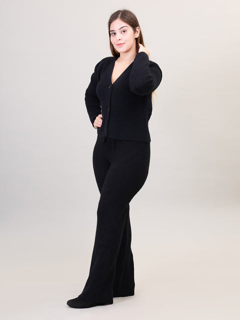 Women's Long Sleeve V-Neck Open Button woolen Black Co-Ord Set