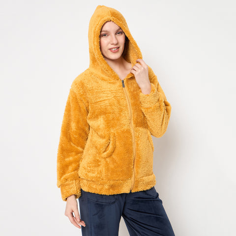 Women Solid Hooded Sherpa Fleece Sweatshirt