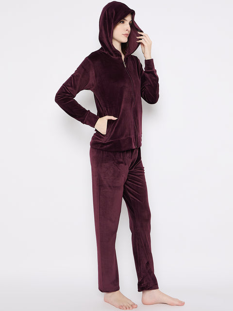 Women's Winter Full Sleeve Top and Pajama Pants Regular Fit Night Suit Hooded Top and Pyjama Set Ladies Night Dress