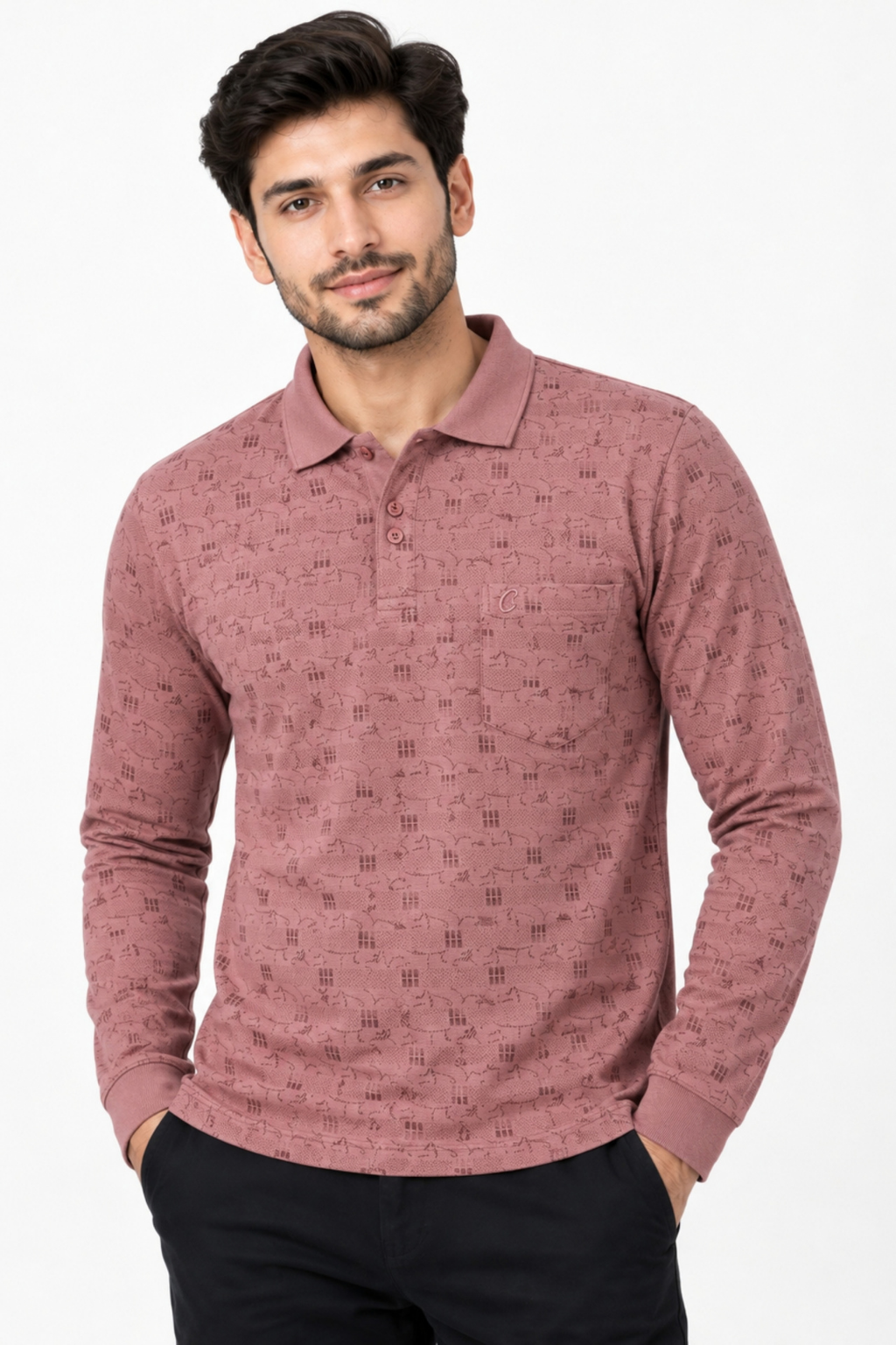 Men's Printed Full Sleeve T-Shirt For Men Polo Neck With Chest Pocket