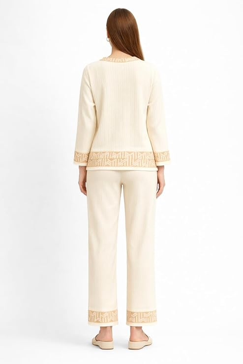 CAMEY Women's Wool Lounge Wear Set, Full Sleeve Ribbed Top with Relaxed Fit Pants, Geometric Trim Detail, Warm Winter Co-Ord Nightwear