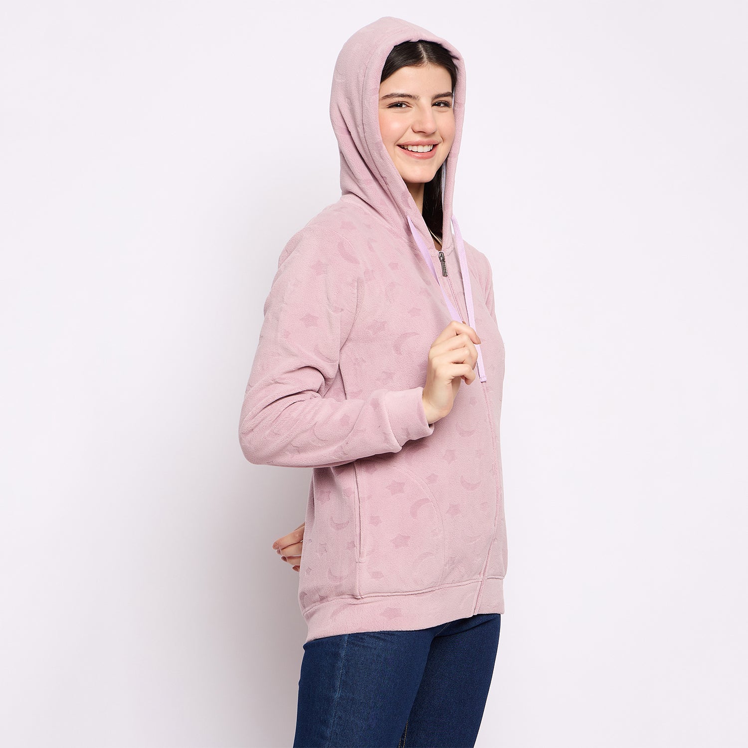 Women’s Embossed Fabric Auli Laser Cut Pattern Hoodie Sweatshirt – Full Sleeve, Zipper Front