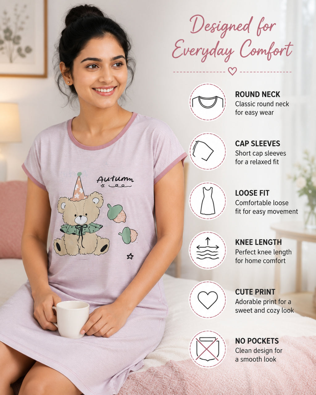 Women's Cute Cartoon Printed Knee Length Nighty | Soft Comfortable Loose Fit Short Sleeve Nighty for Women