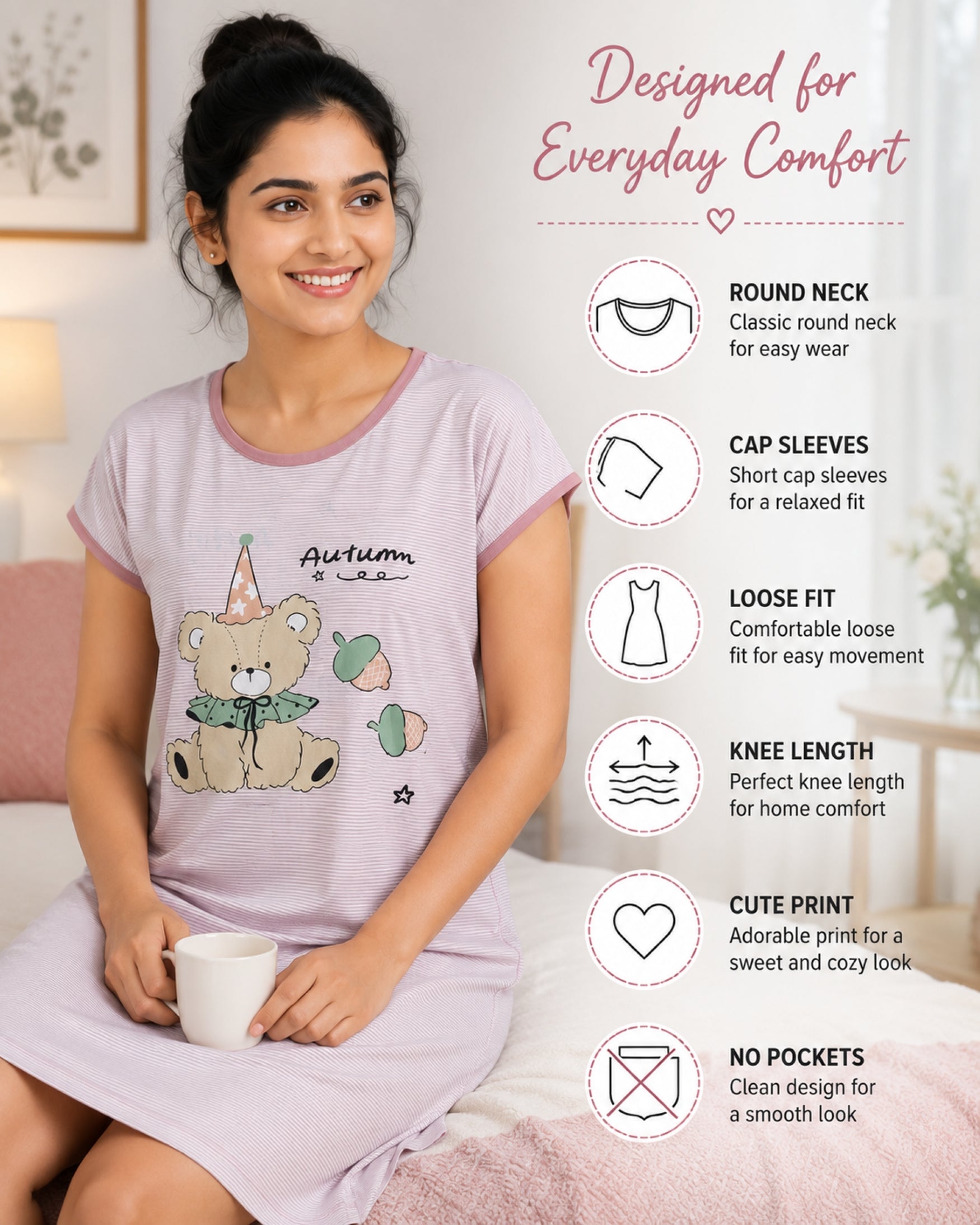 Women's Cute Cartoon Printed Knee Length Nighty | Soft Comfortable Loose Fit Short Sleeve Nighty for Women