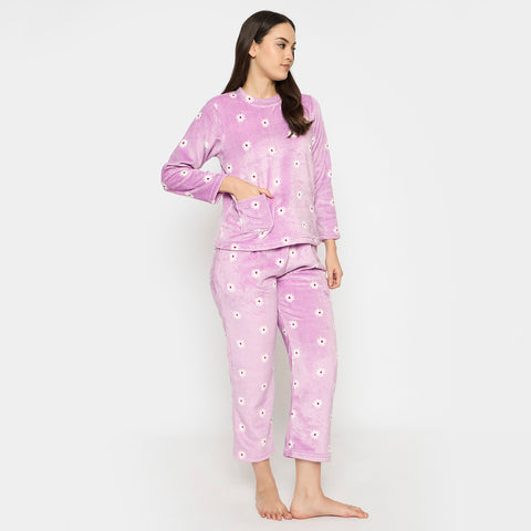 Women's Printed Full Sleeve Round Neck Top and Pajama Pants with 1 side Pockets
