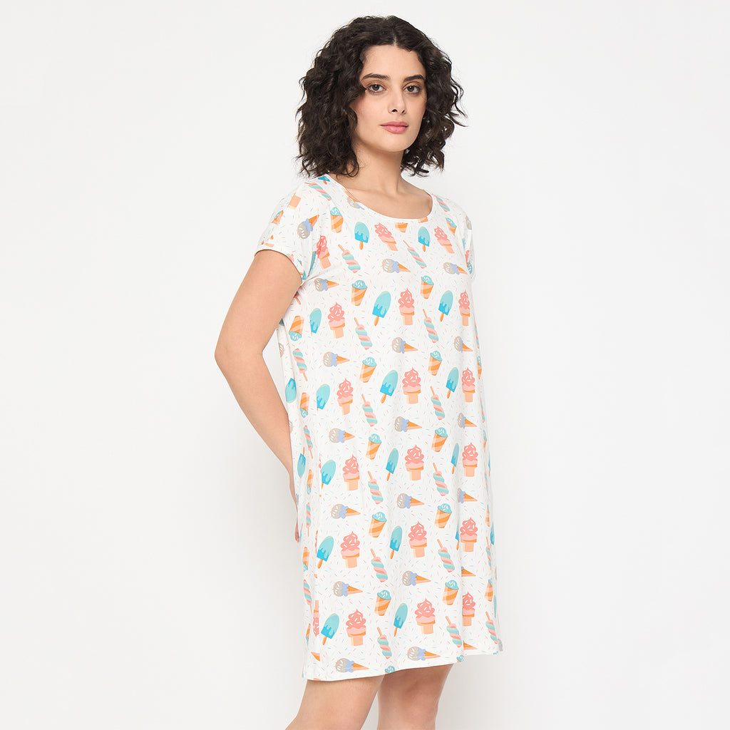 Camey Long Nighty – Comfy & Stylish Nightwear for Women | Women's Printed Nightgown, Short Sleeve Sleep Dress, Short Length, Short Nighty, White Blue