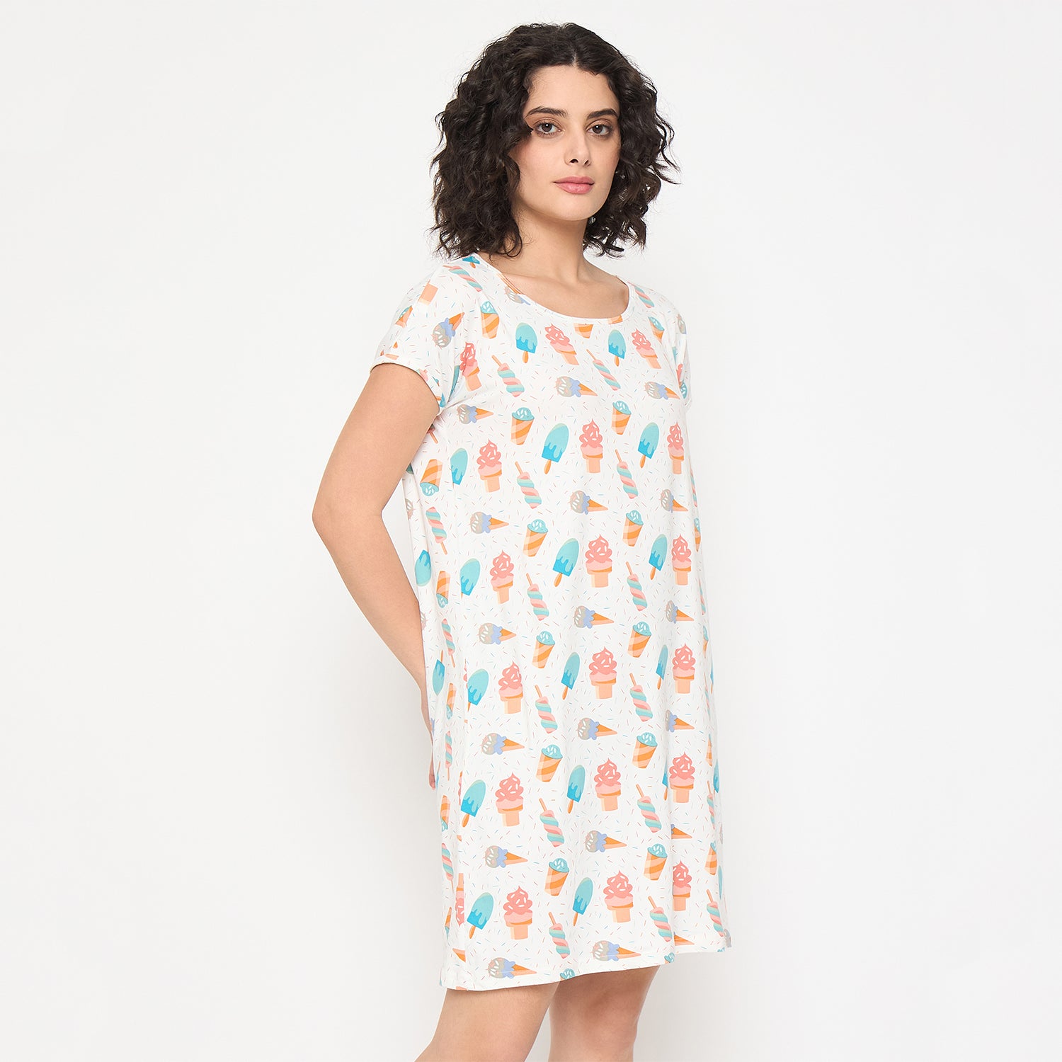 Camey Long Nighty – Comfy & Stylish Nightwear for Women | Women's Printed Nightgown, Short Sleeve Sleep Dress, Short Length, Short Nighty, White Blue