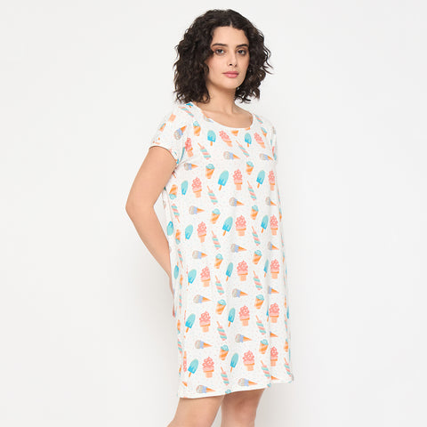 Camey Long Nighty – Comfy & Stylish Nightwear for Women | Women's Printed Nightgown, Short Sleeve Sleep Dress, Short Length, Short Nighty, White Blue