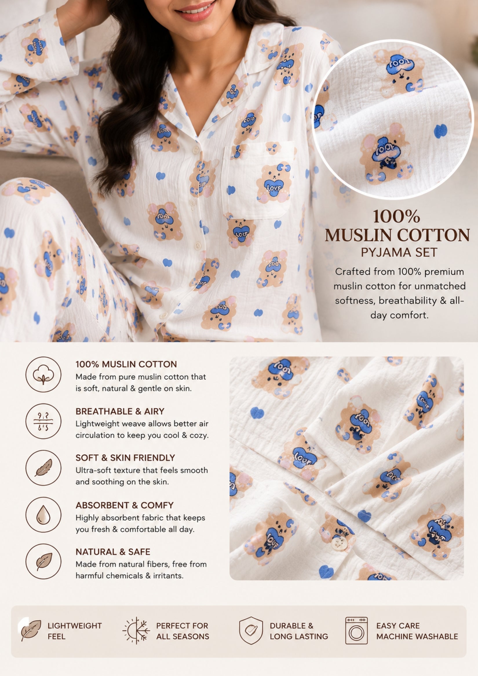 Women Night Suit Cotton Muslin Pyjama Set | Soft Printed Full Sleeve Sleepwear