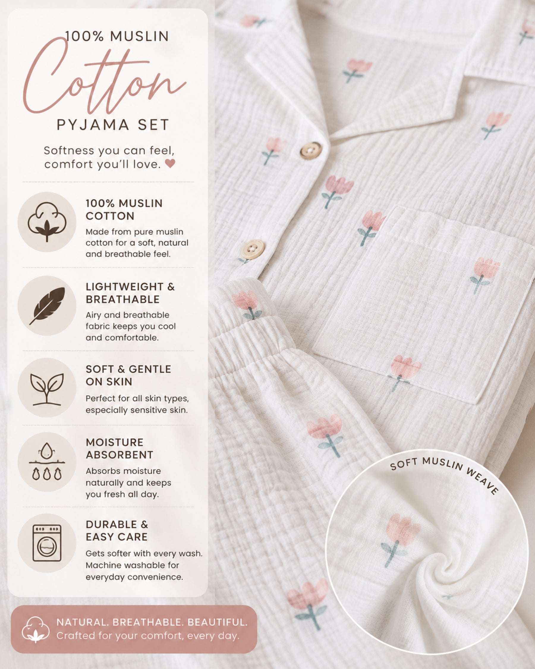 Women Night Suit Cotton Muslin Pyjama Set | Soft Printed Full Sleeve Sleepwear
