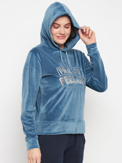 Women Solid Hooded Velvet Embroidered Winter Sweatshirt with 2 pockets