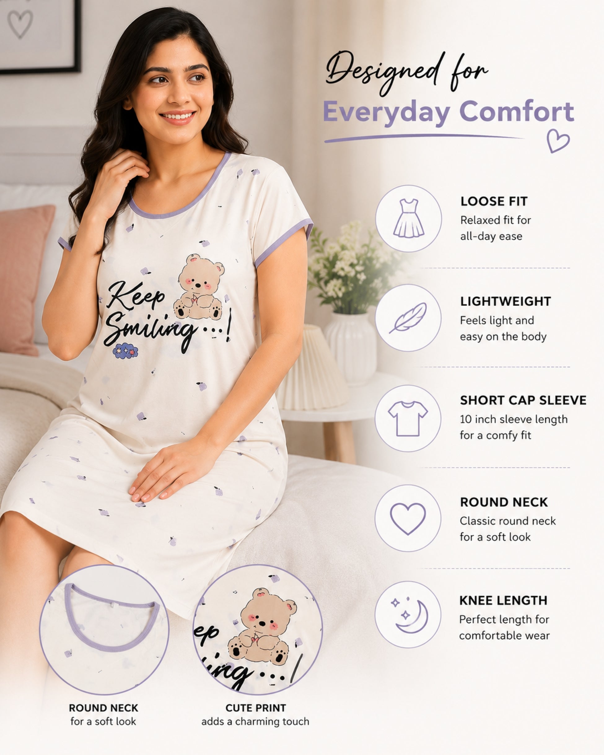 Women's Cute Cartoon Printed Knee Length Nighty | Soft Comfortable Loose Fit Short Sleeve Nighty for Women