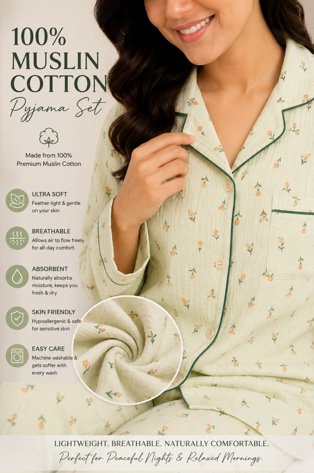 Women Night Suit Cotton Muslin Pyjama Set | Soft Printed Full Sleeve Sleepwear
