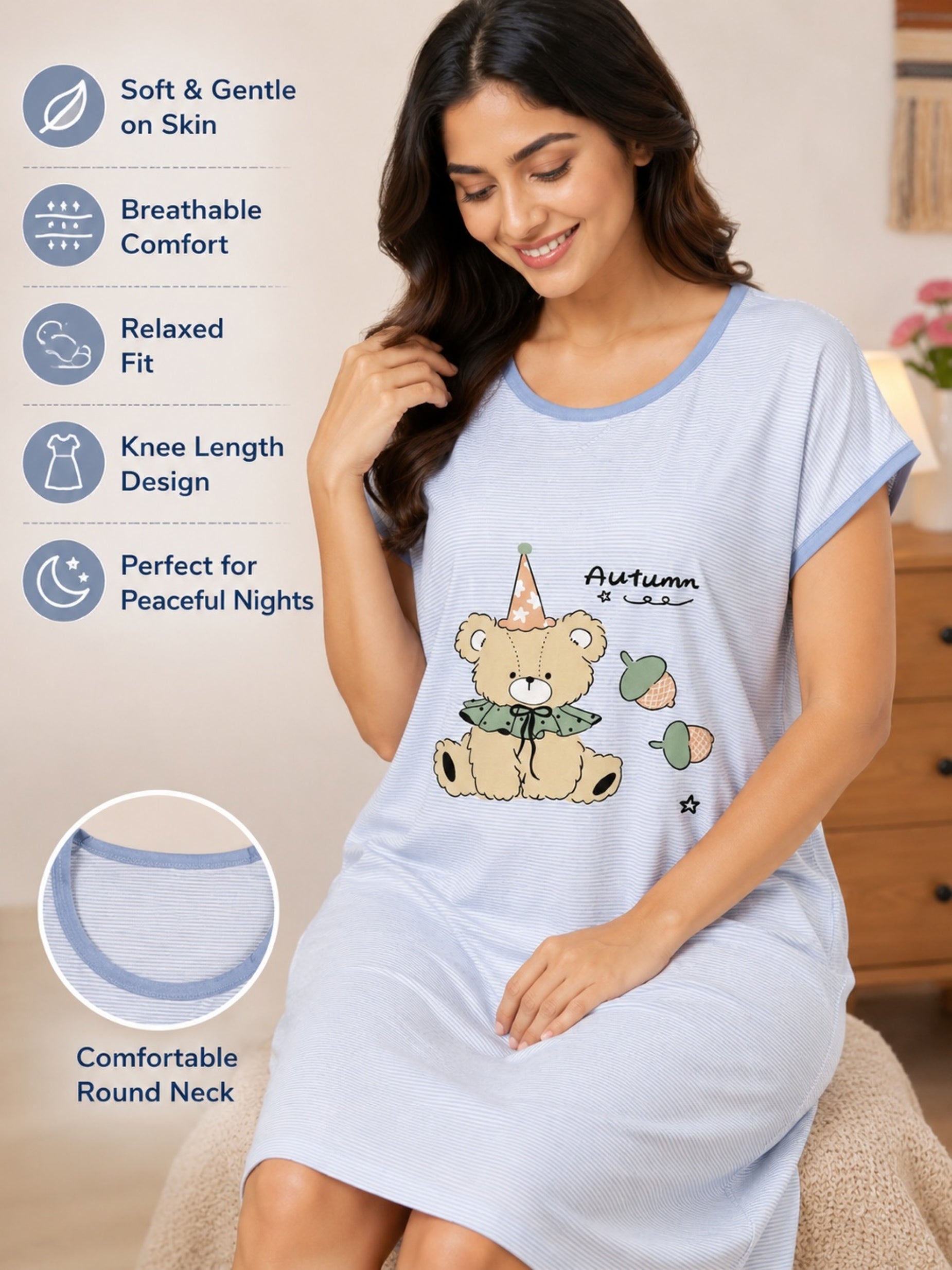 Women's Cute Cartoon Printed Knee Length Nighty | Soft Comfortable Loose Fit Short Sleeve Nighty for Women