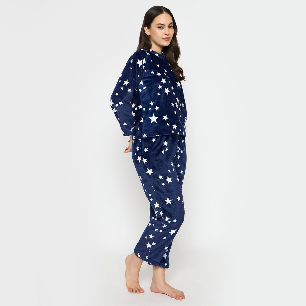Women's Printed Full Sleeve Round Neck Top and Pajama Pants with 1 side Pockets