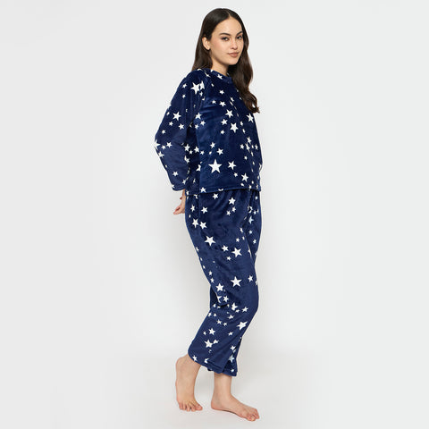 Women's Printed Full Sleeve Round Neck Top and Pajama Pants with 1 side Pockets