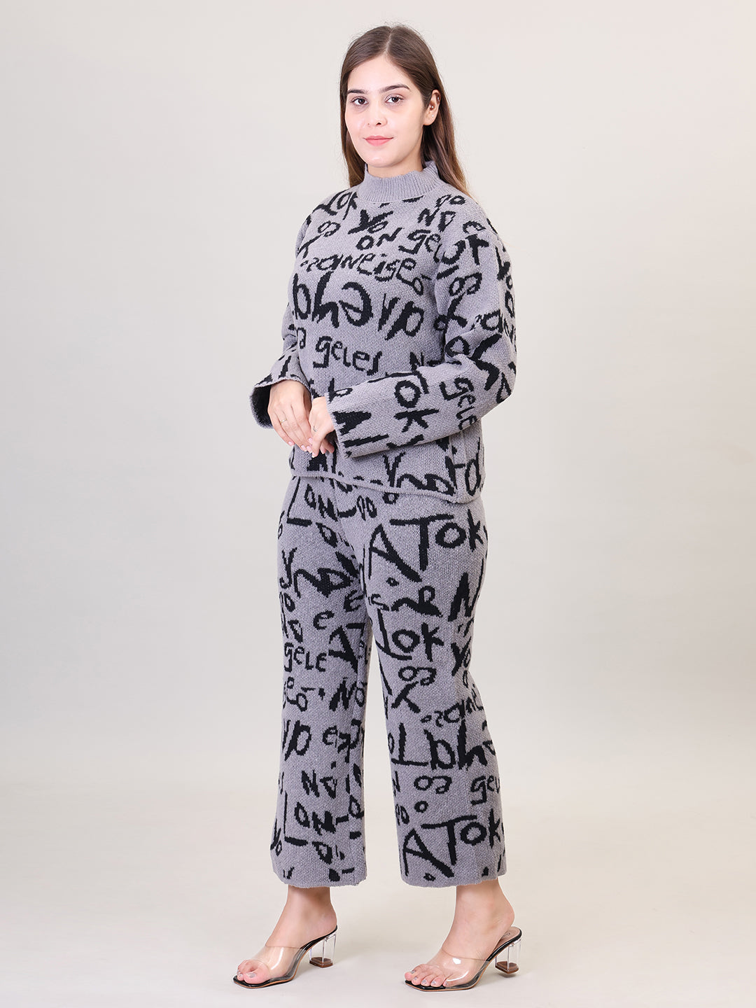 Women's Long Sleeve Round Neck woolen Grey Co-Ord Set