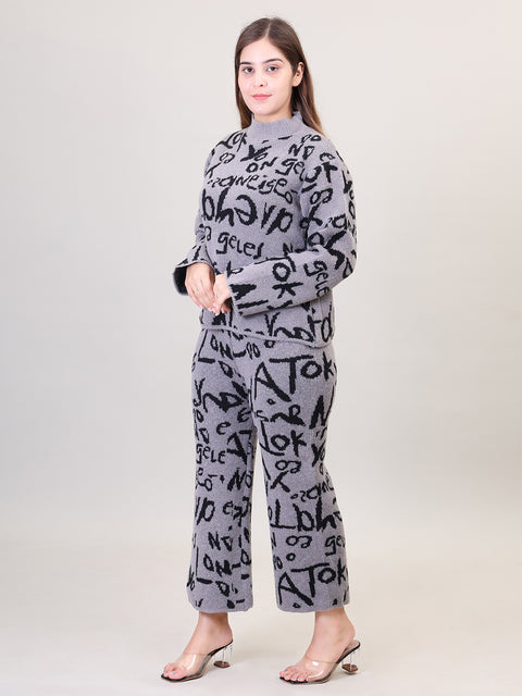 Women's Long Sleeve Round Neck woolen Grey Co-Ord Set